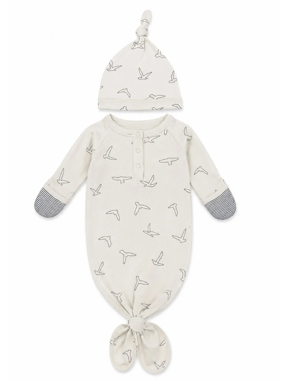 Goumi Unisex Cream Gray Seagull Print Going Home Knotted Gown & Hat Set 0-3M